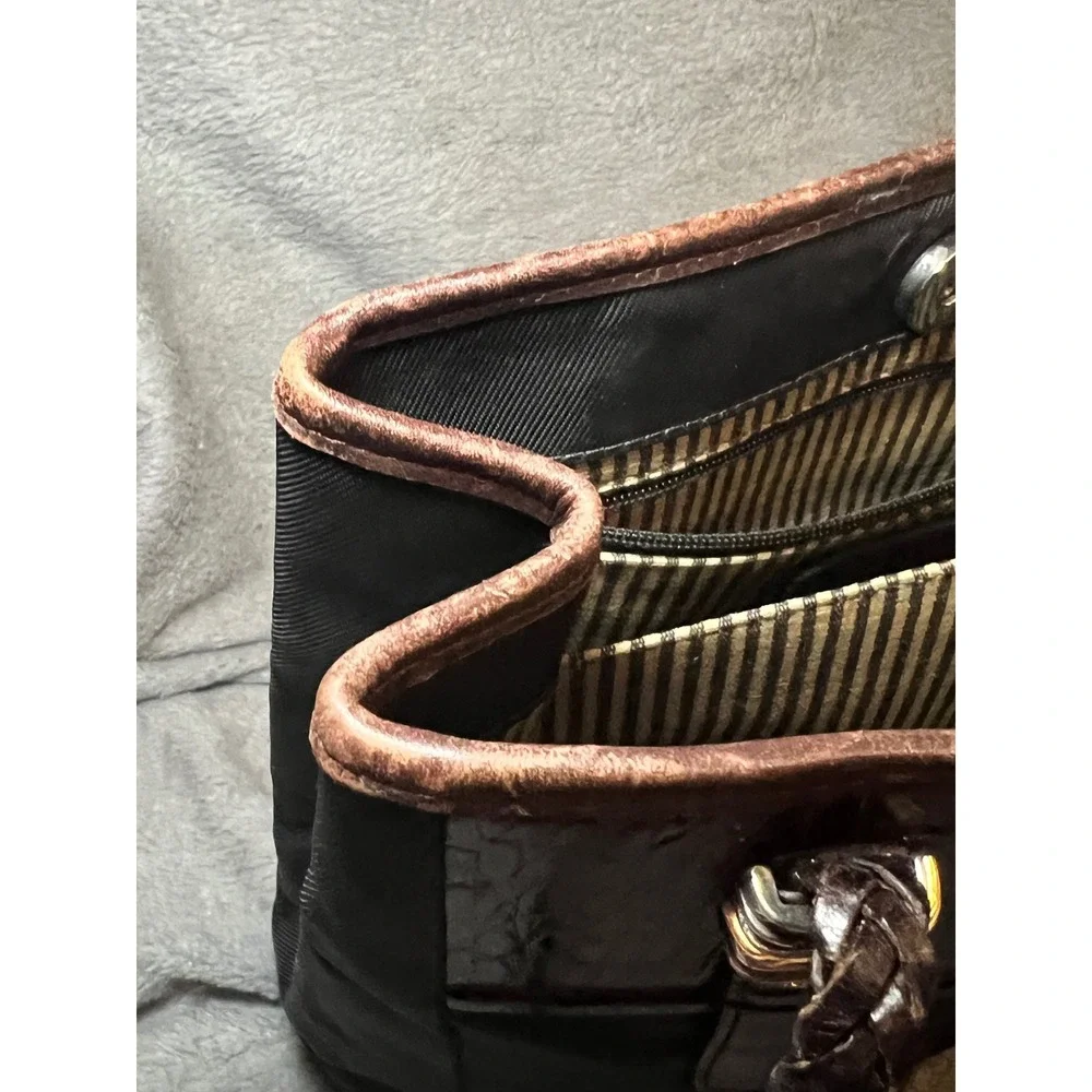 Brighton Black Nylon Brown Croc Embossed Leather Tote Shoulder Bag Braided Strap